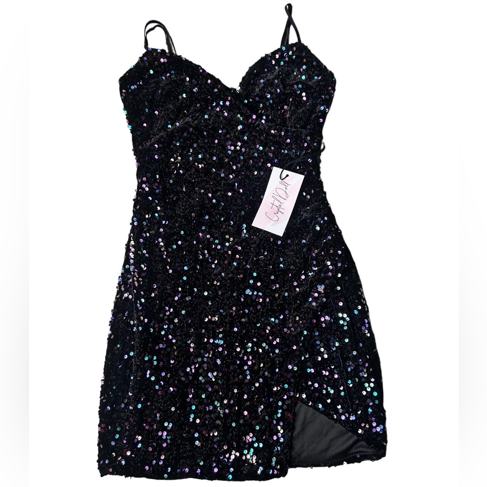 Crystal Doll Black Sequin Bodycon Mini Dress Slit | S | Party Cocktail | Dance